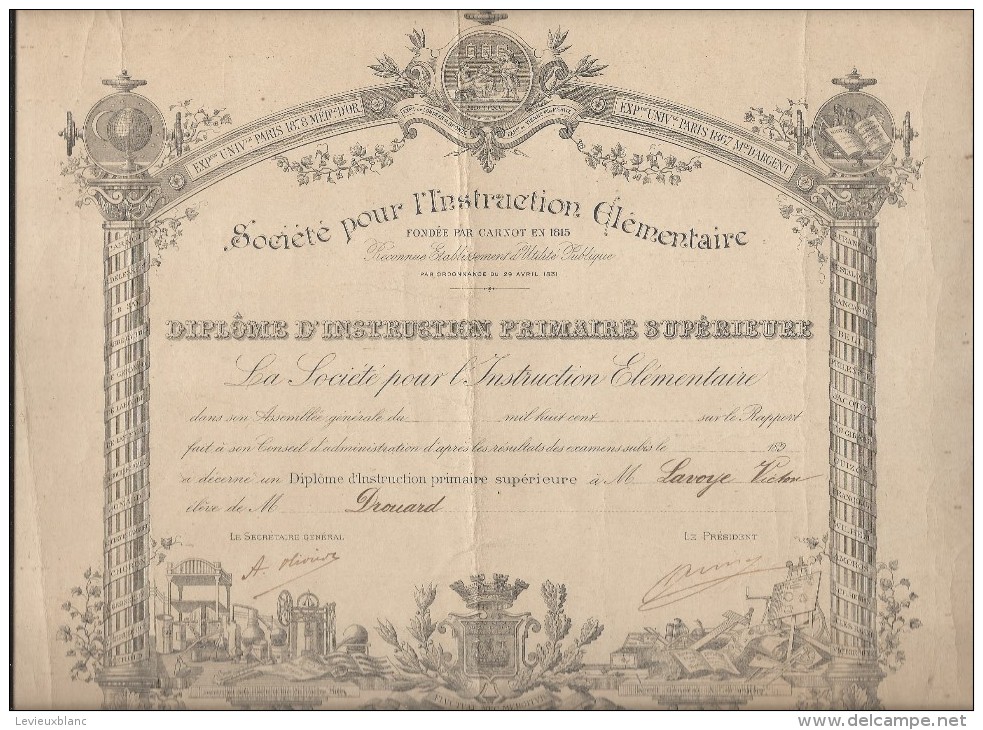 Diplôme D´Instruction Primaire Supérieure/ Société Pour L´Instruction Elémentaire/Lavoye/1890-99 ?    DIP109 - Diploma & School Reports