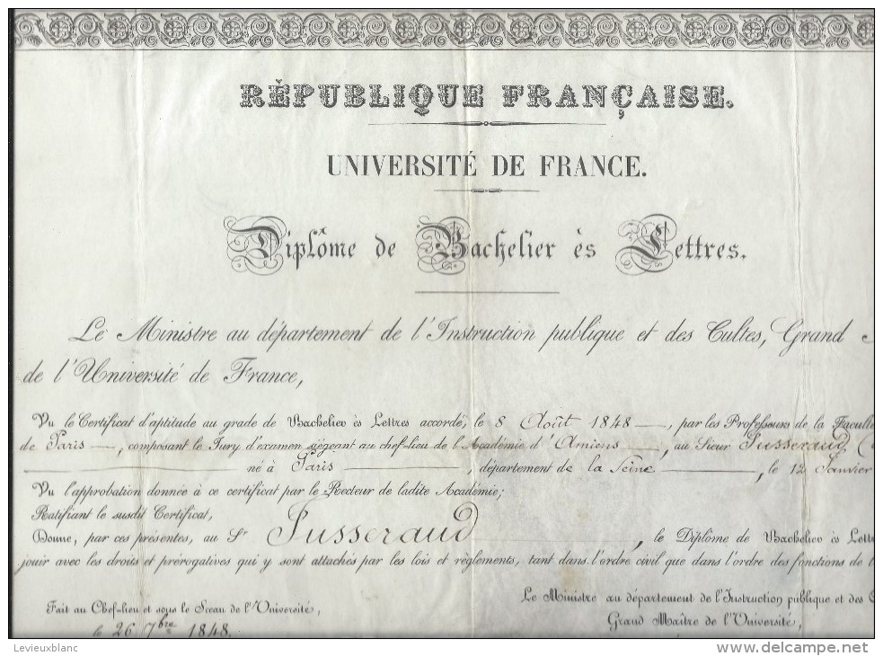Diplôme De Bachelier Es Lettres/RF/Université De France/Ministre De L´Instruction Publique Et Cultes/1848    DIP111 - Diplome Und Schulzeugnisse