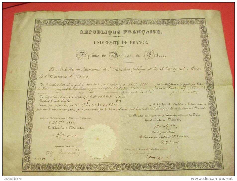 Diplôme De Bachelier Es Lettres/RF/Université De France/Ministre De L´Instruction Publique Et Cultes/1848    DIP111 - Diploma & School Reports