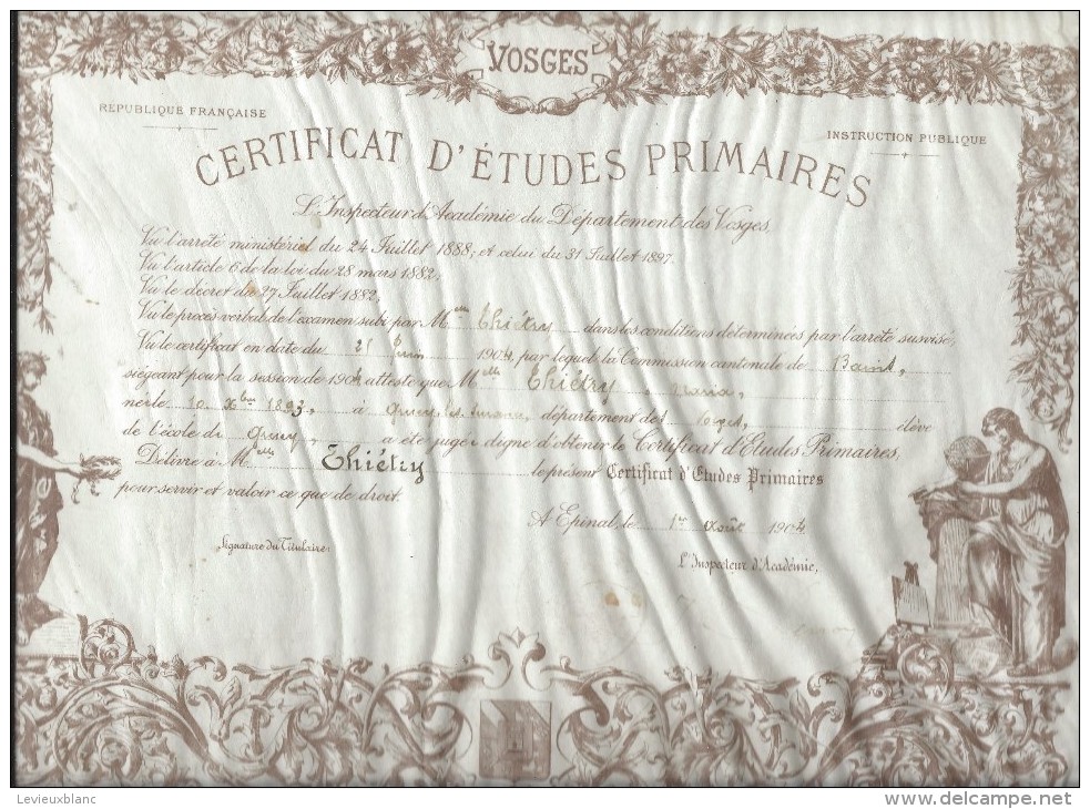 Certificat D´Etudes Primaires/Département Des VOSGES/Epinal/ Ecole De Gruez/1904    DIP112 - Diploma & School Reports