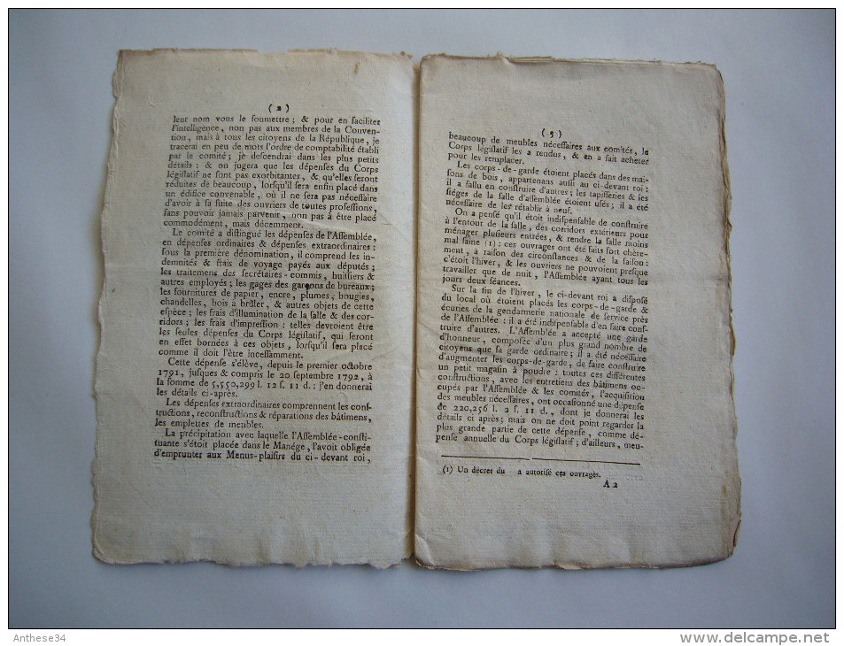 Convention Nationale 1792 Rapport Sur Dépenses Du Corps Législatif Par Alexandre Besson Député Du Doubs - Documents Historiques