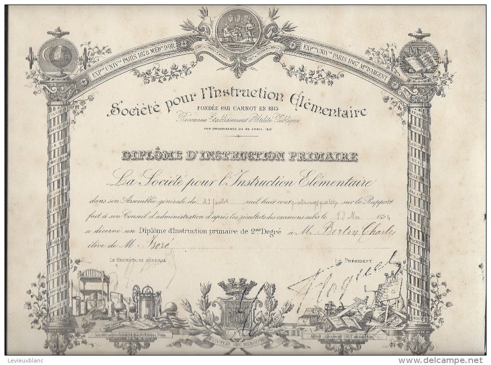 Diplôme D´Instruction Primaire/ Société Pour L´Instruction Elémentaire/Carnot//1894    DIP113 - Diploma & School Reports