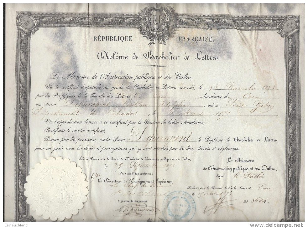 Diplôme De Bachelier Es Lettres/ Ministre De L´Instruction Publique Et Des Cultes /Académie De CAEN//1873    DIP114 - Diplome Und Schulzeugnisse
