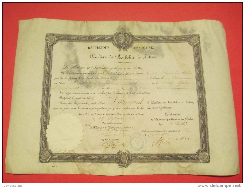Diplôme De Bachelier Es Lettres/ Ministre De L´Instruction Publique Et Des Cultes /Académie De CAEN//1873    DIP114 - Diploma & School Reports