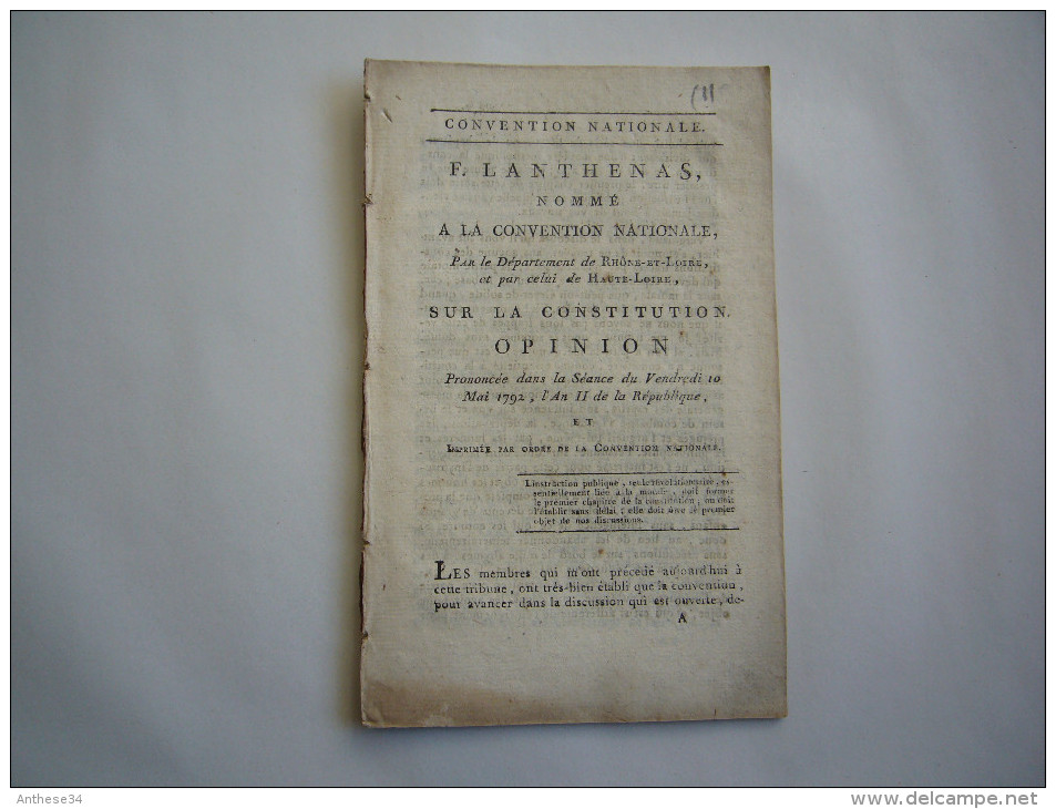 Convention Nationale 1792 Opinion Sur La Constitution Par F. Lanthenas Député De Rhône Et Loire 30 Pages - Documents Historiques