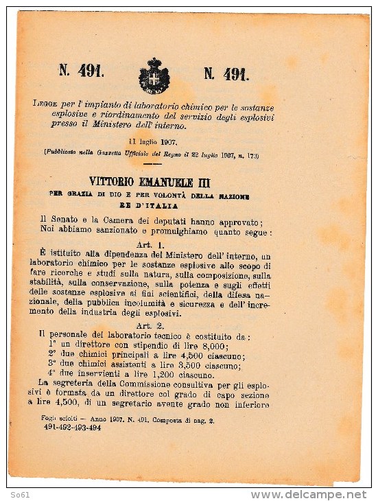 4931.  Regio Decreto - Racconigi 1907 Giolitti - Impianto Laboratorio Chimico Esplosivi - Décrets & Lois