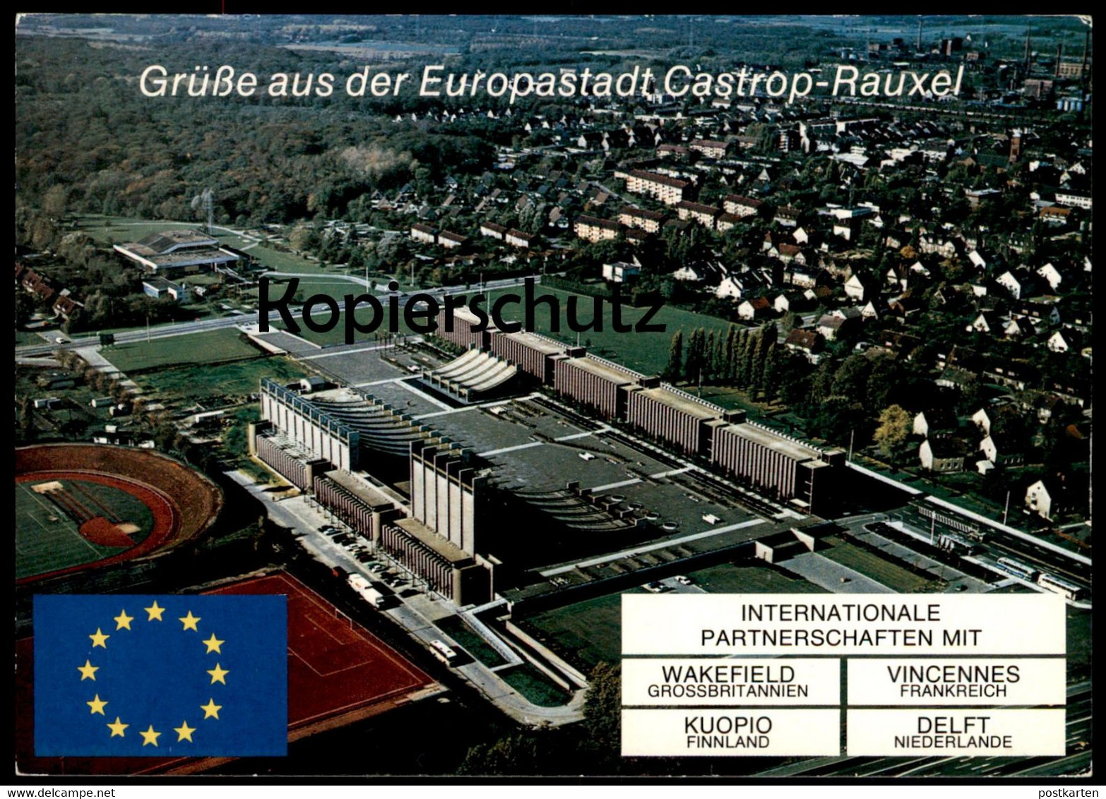 POSTKARTE GRÜSSE AUS DER EUROPASTADT CASTROP-RAUXEL WAKEFIELD VINCENNES KUOPIO DELFT Stadion Stade Stadium Autobahn Cpa - Castrop-Rauxel