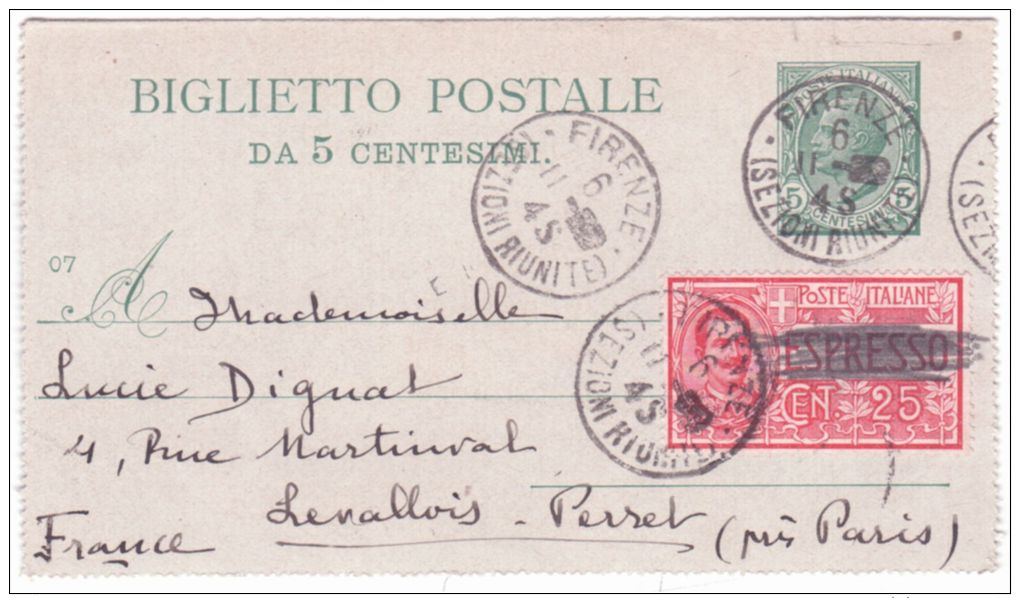 19454- Biglietto Postale 5 C. + Compl. EXPRESSO 25 C ( EXPRESSO Barré ) De Firenze Pour La France - Poststempel