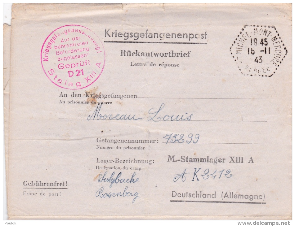 Prisoner Of War To French POW In Germany, M-Stammlager XIIIA P/m St.Michel - Mont - Mercure 15.11.1943 - Letter Inside - Militaria