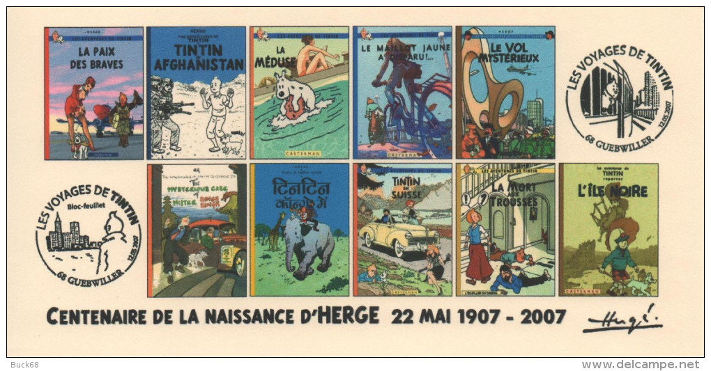 FRANCE 2007 N°82 Albums Fictifs + 2 Cachets Premier Jour FDC TINTIN KUIFJE TIM HERGE GUEBWILLER - Hergé