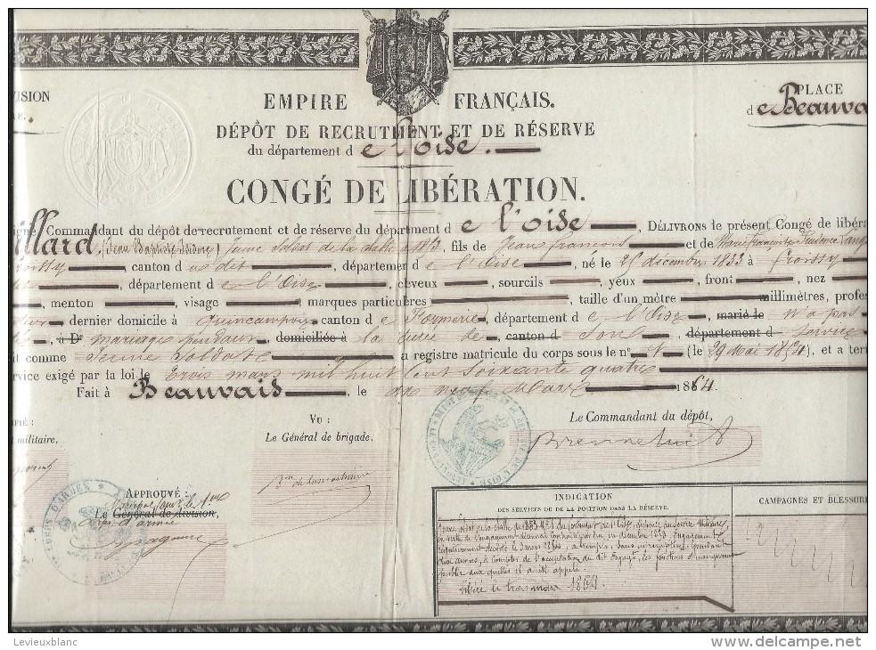 Congé De Libération/Empire Français/Dépot De Recrutement Et De Réserve / OISE/Froissy/Beauvais/1864   DIP57 - Documenti