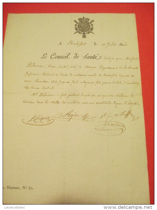 Certificat De Bonne Conduite/Ecole De Médecine Navale De Rochefort/Le Conseil De Santé/Charente/1816   DIP59 - Documents
