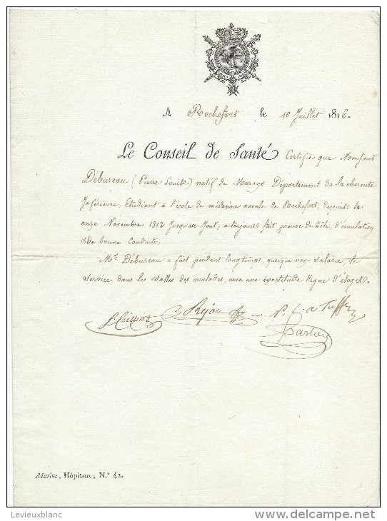 Certificat De Bonne Conduite/Ecole De Médecine Navale De Rochefort/Le Conseil De Santé/Charente/1816   DIP59 - Documenti