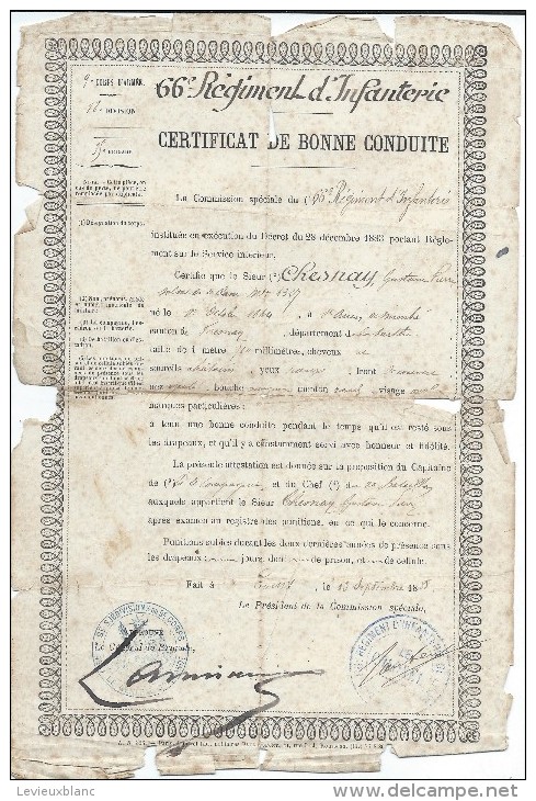 Certificat De Bonne Conduite/66éme RI/ Chesnay Soldat De Seconde Classe/Cahors/1888   DIP75 - Documents