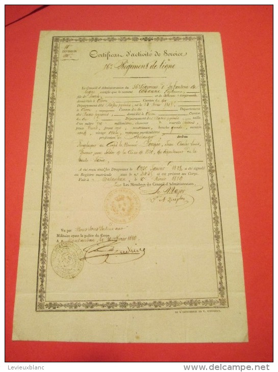Certificat D'activité De Service/56éme RI De Ligne/Oléron /Oloron/ Basses Pyrénées/Boulanger/Montauban/1829   DIP77 - Dokumente