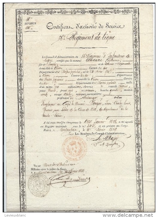 Certificat D'activité De Service/56éme RI De Ligne/Oléron /Oloron/ Basses Pyrénées/Boulanger/Montauban/1829   DIP77 - Documents