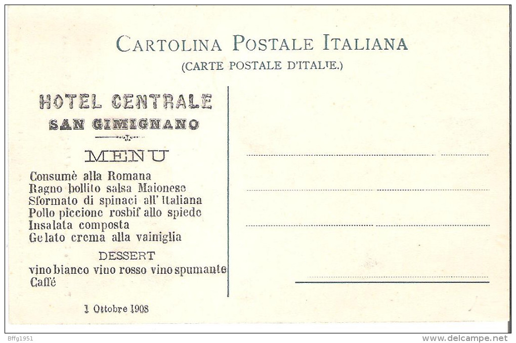 MENU HOTEL CENTRALE SAN GIMIGNANO (SIENA) 1908 SU CARTOLINA - Menu