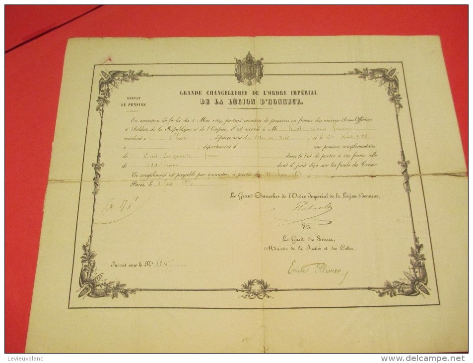 Brevet De Pension/Grand Chancelier Ordre Impérial Légion Honneur /Pension Complémentaire/Ploenné/C Du N/ 1870    DIP94 - Other & Unclassified