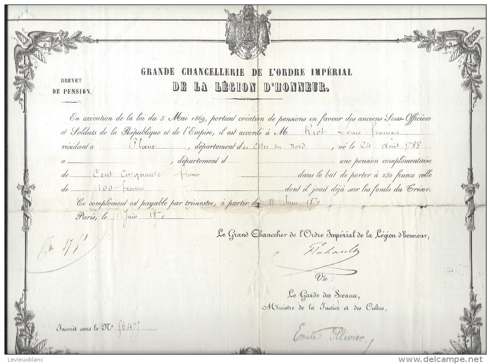 Brevet De Pension/Grand Chancelier Ordre Impérial Légion Honneur /Pension Complémentaire/Ploenné/C Du N/ 1870    DIP94 - Other & Unclassified