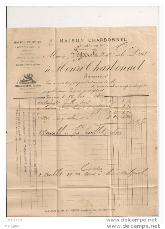 FACTURE ,,,MAISON  CHHARBONNEL , LAINES Et COTONS , PARIS,,,,1892,,, - Autres & Non Classés