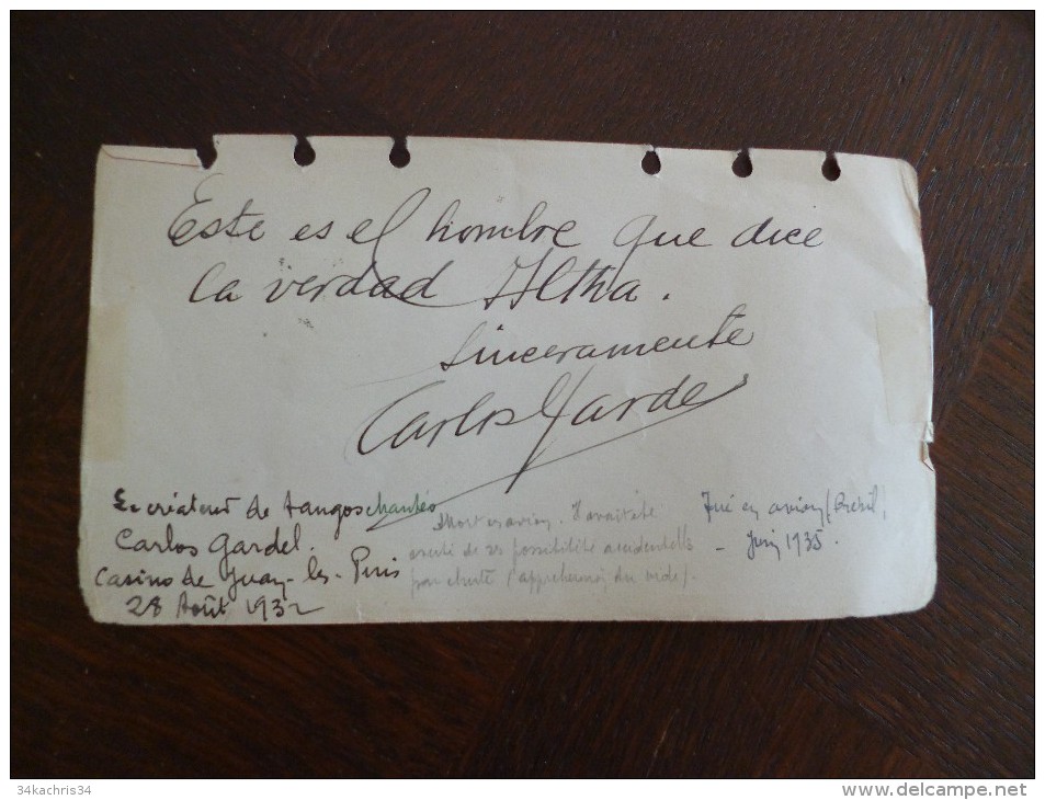 Autographe Carlos Gardel Sur Feuille De Carnet. Inventeur Du Tango Casino Juan Les Pins 28/08/1932 - Autographes