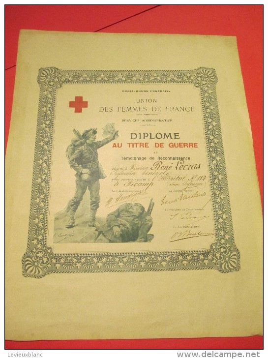 Diplôme Au Titre De Guerre/Croix Rouge Française/Union Des Femmes De France/Fécamp/Seine Inférieure/ Vers 1920 DIP102 - Other & Unclassified