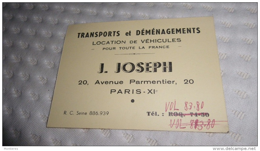 Carte Transport Et Déménagement J. JOSEPH 20 Avenue Parmentier Paris 75011 - Cartes De Visite
