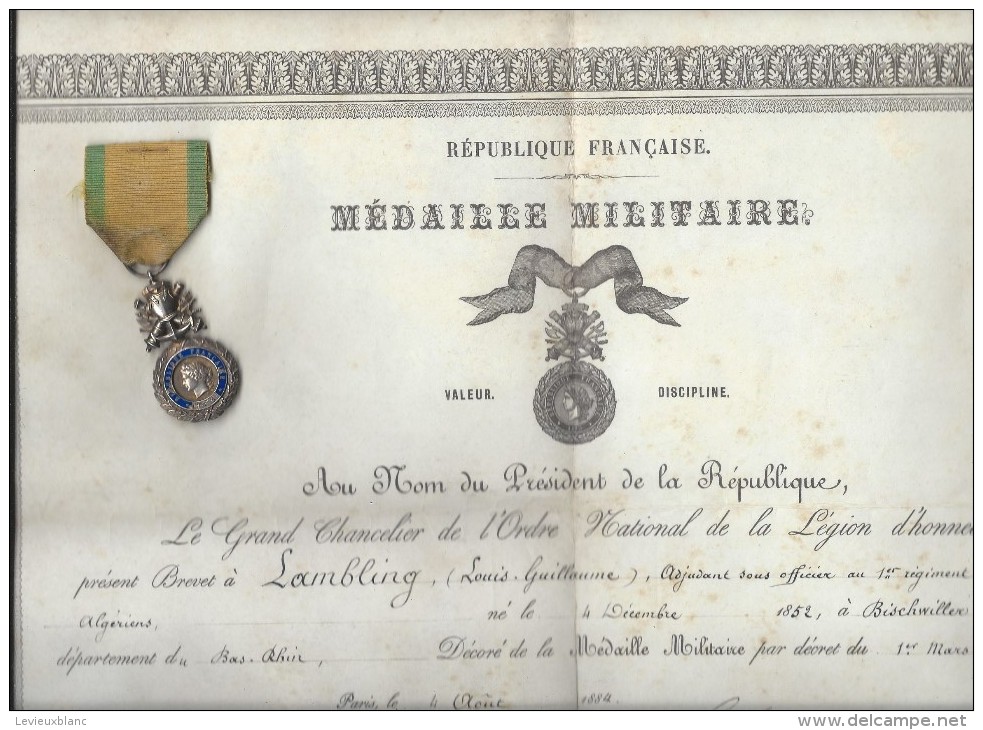 Brevet De Médaille Militaire/Grand Chancelier Ordre National Légion Honneur/1er Régt Tirailleurs Algériens/1884 DIP110 - Andere & Zonder Classificatie