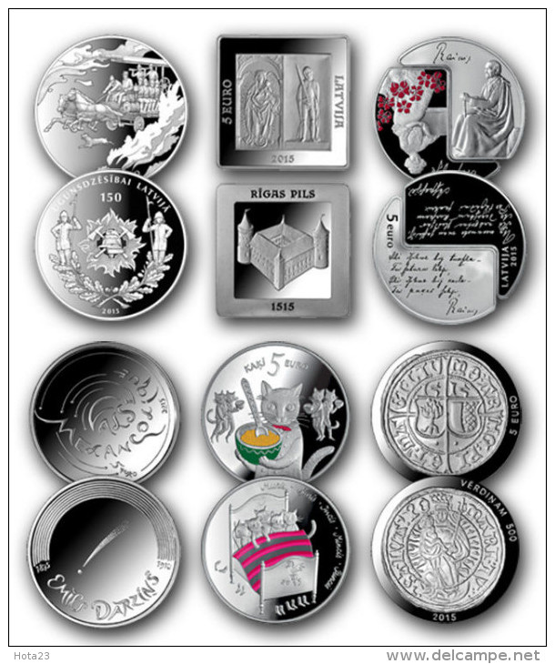 (!) Latvia FULL SET 6 Coins 5 Euro 2015 Lettland Letonia Silver PROOF   ALL Silber - Latvia