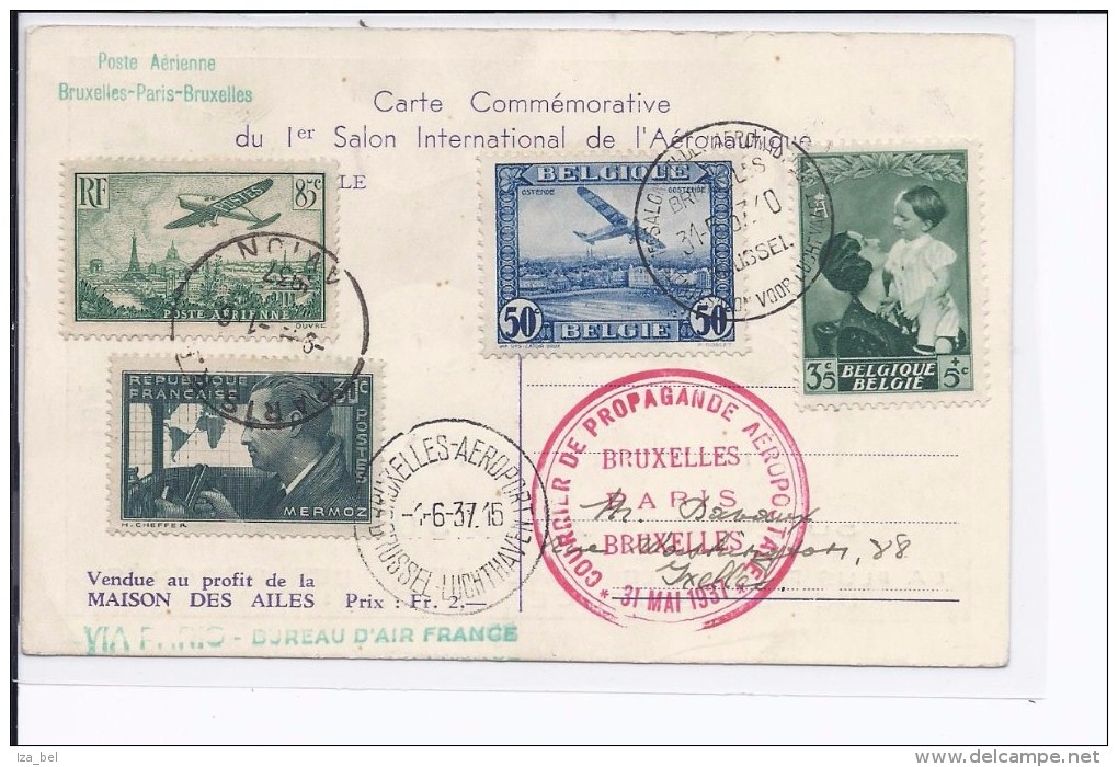 CP 1er Salon International De L'aéronautique Affr.mixte BELG/France 31 Mai 1937 - Lettres & Documents