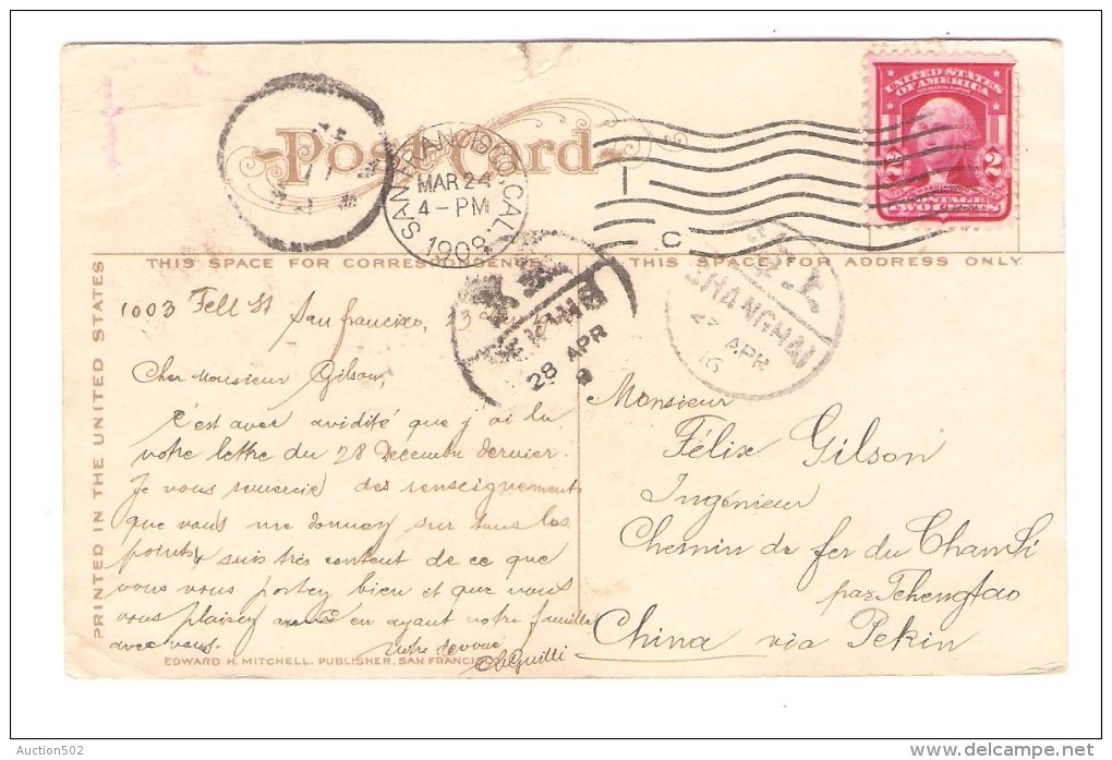 US Stamp Washington On PC Ferry Boat Tamalpais C.San Francisco 1908 To China Belgian Engineer PR2592 - Lettres & Documents