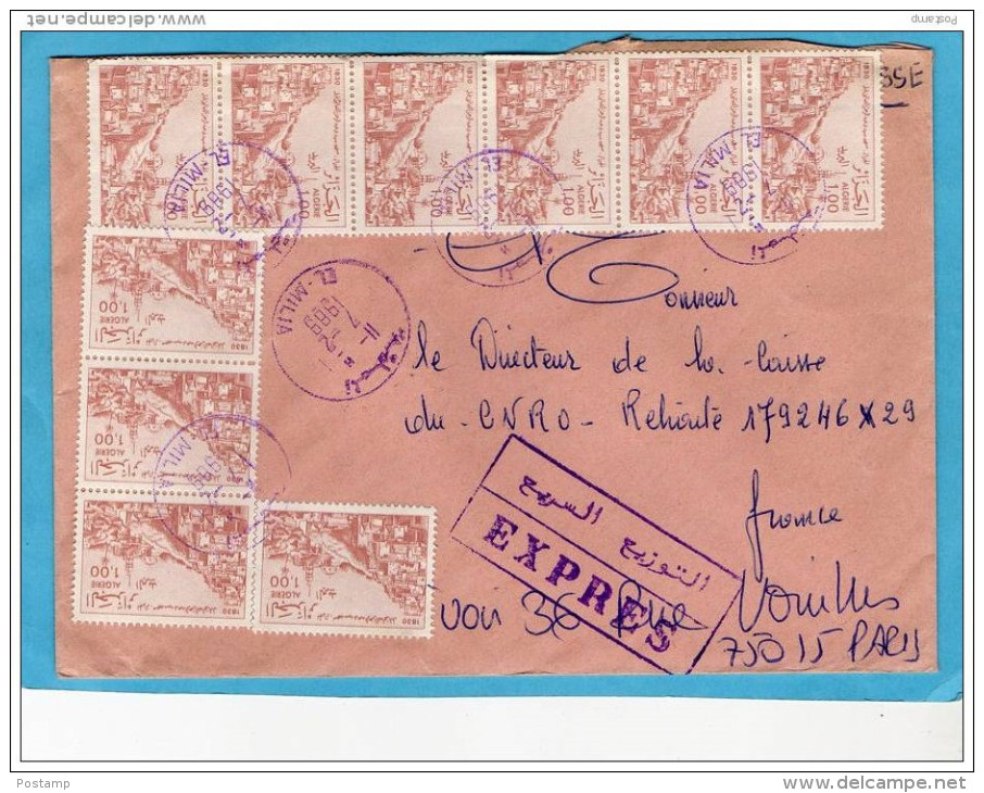 MARCOPHILIE-lettre -EXPRES-  ALGERIE- Pour Françecad-EL MILIA-1989 - 10 Stamps N°802- - Algerije (1962-...)