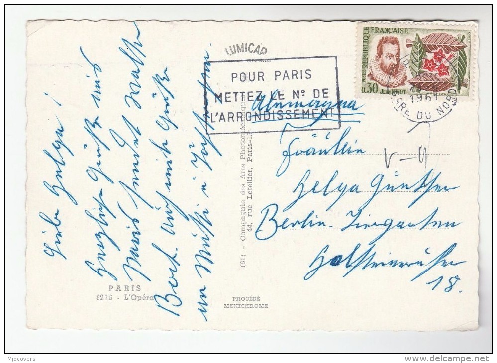 1961 FRANCE COVER Stamps 0.30 NICOT TOBACCO PLANT  (postcard Paris L'Opera)  Smoking Cigarette - Tabacco