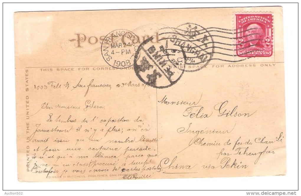 US Stamp Washington On PC Lake Merritt C.San Francisco 1908 To China Belgian Engineer PR2594 - Lettres & Documents