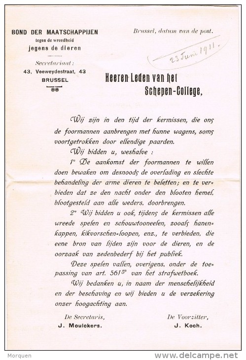 16419. Carta Impresos, Imprimée Preobliterado  BRUXELLES (Belgien) 1911. Roulotte, Schepen College - Roulettes 1900-09