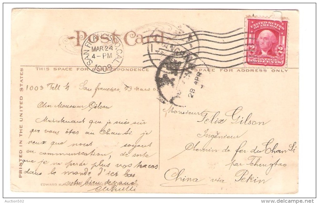 US Stamp Washington On PC Music Stand Golden Gate Park C.San Francisco 1908 To China Belgian Engineer PR2598 - Lettres & Documents