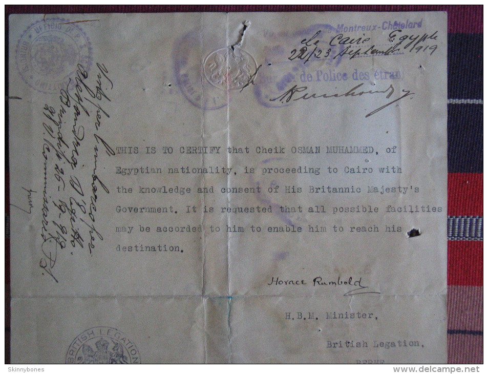 1919 British Passport For Cheik To Cairo Egypt Issued Consulate Bern Switzerland Schweiz Reisepass Passeport Passaporte - Historical Documents