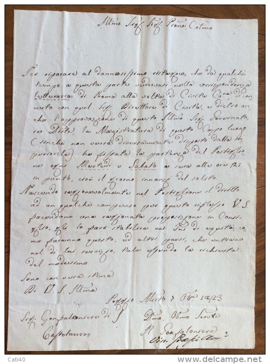 POGGIO MIRTETO 1823 - LETTERA DEL GONFALONIERE SUL CAMBIO PARTENZE DEL POSTIGLIONE - AL GONFALONIERE  DI CASTELNUOVO - 1. ...-1850 Prefilatelia