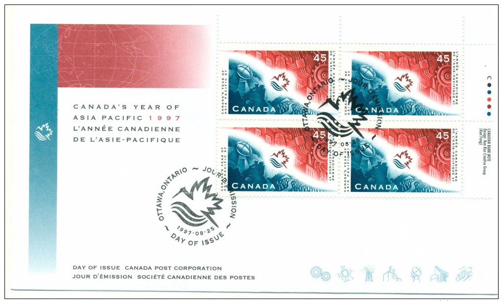 1997 Canada Year Of Asia Pacific 45c Plate Block First Day Cover - 1991-2000