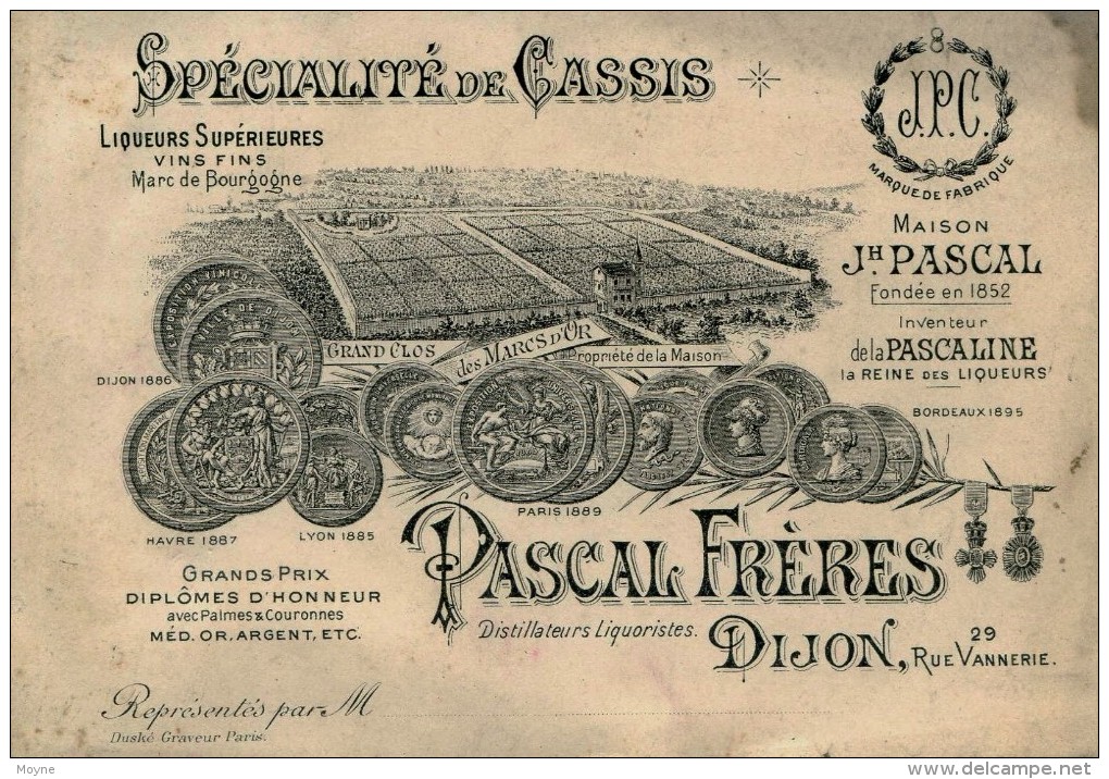 12494  - DIJON : Carte Publicitaire : Spécialité De Cassis - Pascal Fréres Dijon - Grand Clos (disparu ??) Alcool - Vin - Dijon