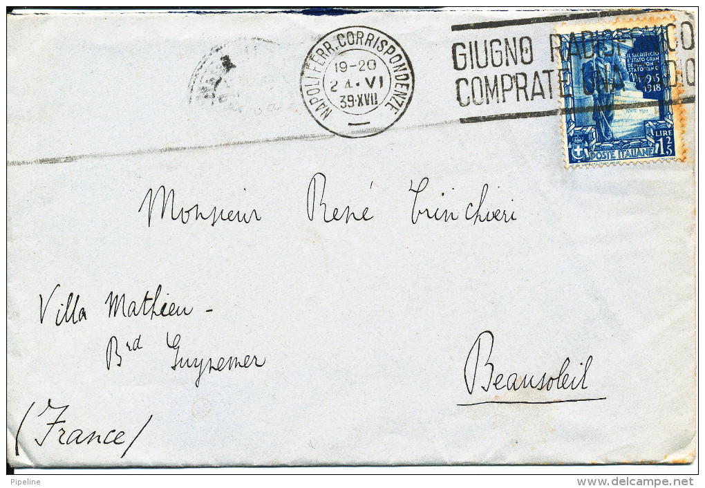 Italy Cover Sent To France Napoli Ferr. Corrispondenze 24-6-1939 Single Franked (rust Stains On The Stamp) - Marcophilia