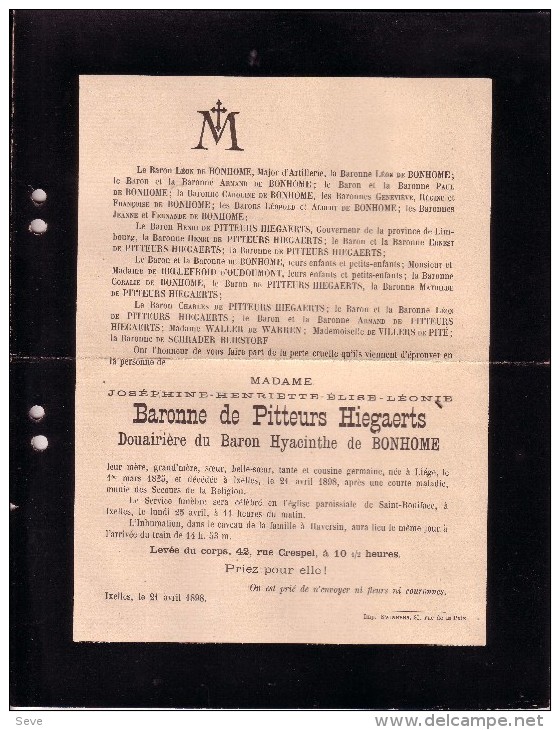 HAVERSIN Joséphine Baronne De PITTEURS HIEGAERTS Veuve Baron Hyacinthe De BONHOMME 1825-1898 Liège Ixelles - Obituary Notices