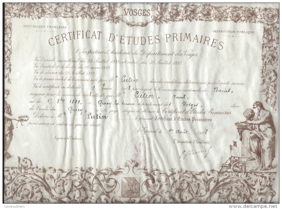 Certificat D'Etudes Primaires/ Département Des Vosges /Ecole De GRUEY/Epinal / Paul LUTIN/ Gentil/1903      DIP116 - Diplômes & Bulletins Scolaires