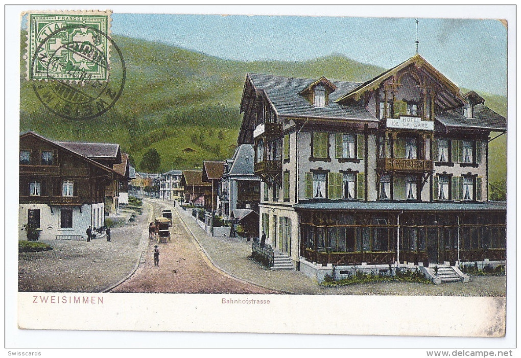 ZWEISIMMEN: Bahnhofstrasse, Hotel De La Gare, Kutschen 1907 - Zweisimmen