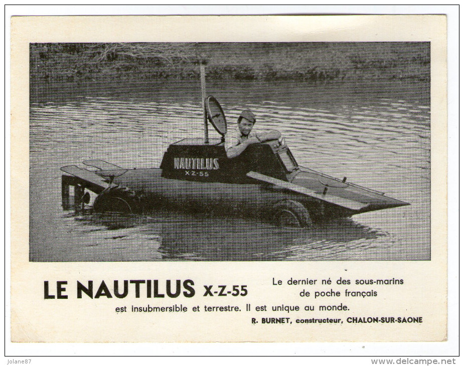 CARTE FICHE         NAUTILUS X Z 55      DERNIER NE DES SOUS MARINS DE POCHE FRANCAIS      CONSTRUCTEUR R. BURNET - Hovercraft