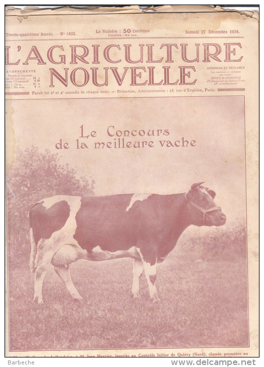 L' AGRICULTURE NOUVELLE N° 1433   27 Décembre 1924 .- Le Concours De La Meilleure Vache - 1900 - 1949