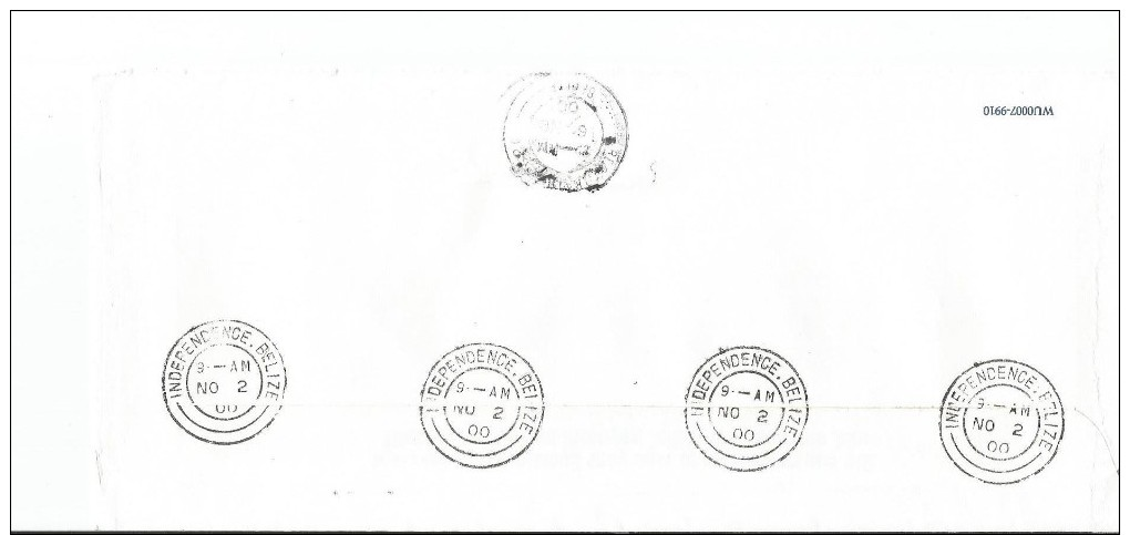 2000, BELIZE. FAUNA, JAGUAR, CROCODILE, TAPIR REGISTERED, A.R. COVER INDEPENDENCE VILLAGE TO USA. - Belize (1973-...)