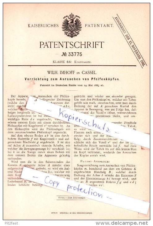 Original Patent  -  Wilh. Imhoff In Cassel , 1885 , Kurzwaaren !!! - Sonstige & Ohne Zuordnung