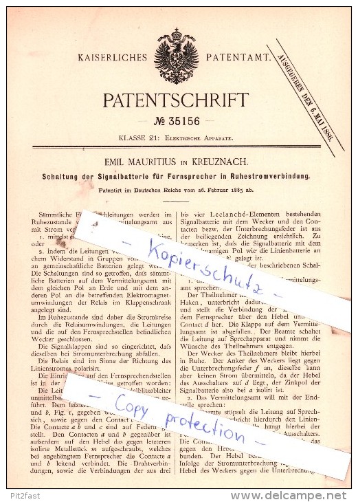 Original Patent  - Emil Mauritius In Kreuznach , 1885 , Elektrische Apparate !!! - Sonstige & Ohne Zuordnung