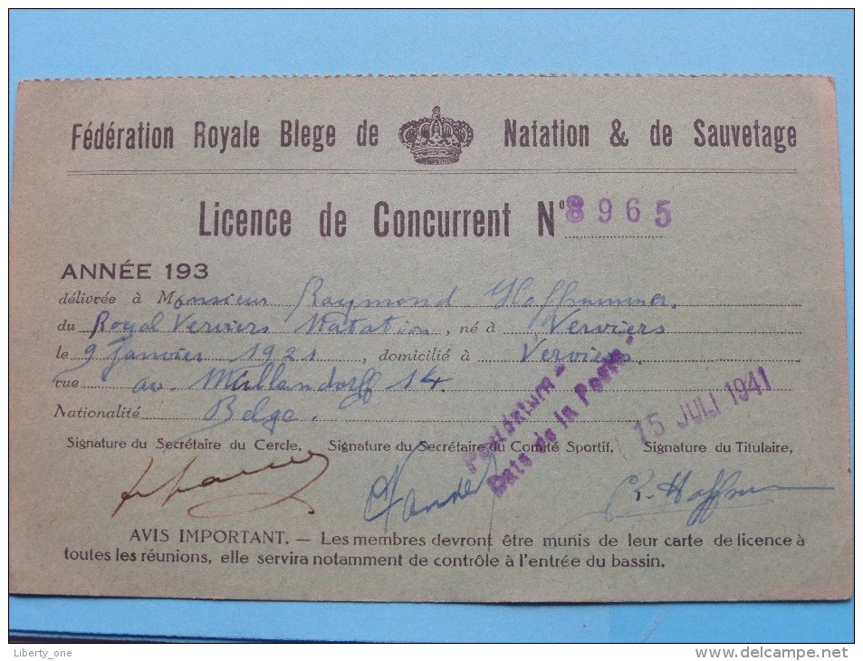 Licence De CONCURRENT N° 8965 - Anno 1941 Verviers Féd. Royale Belge De Natation Et De Sauvetage ( Zie Foto´s ) ! - Natation